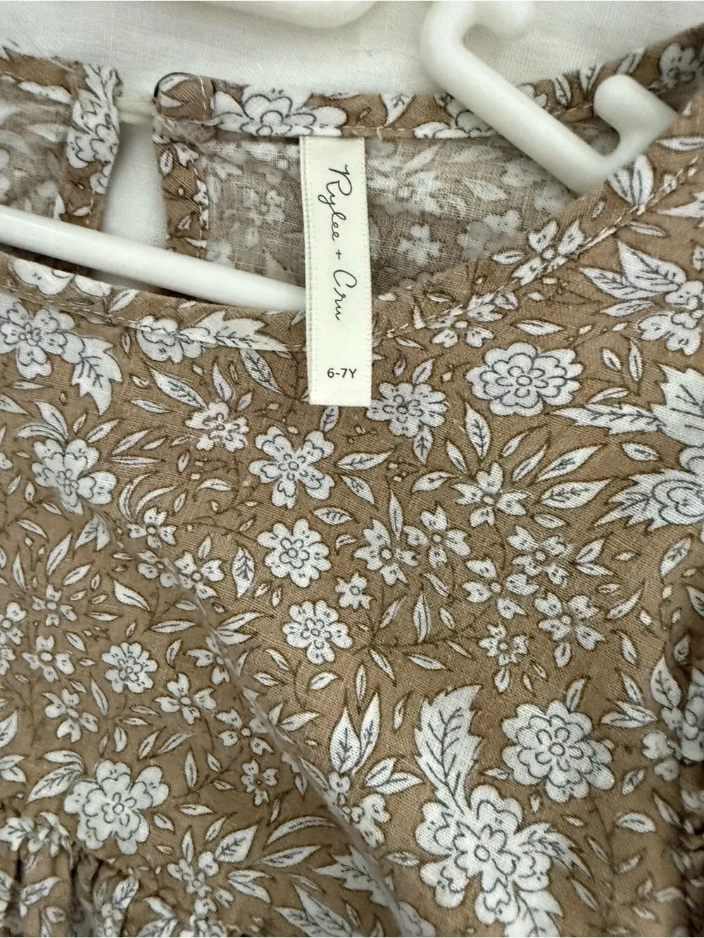 Rylee + Cru Girls' Floral Long-Sleeve Dress in Tan and White